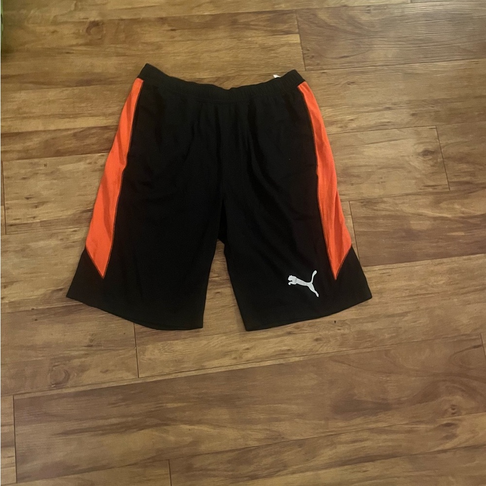 Puma Men's Black Athletic Shorts with Orange Side Panels